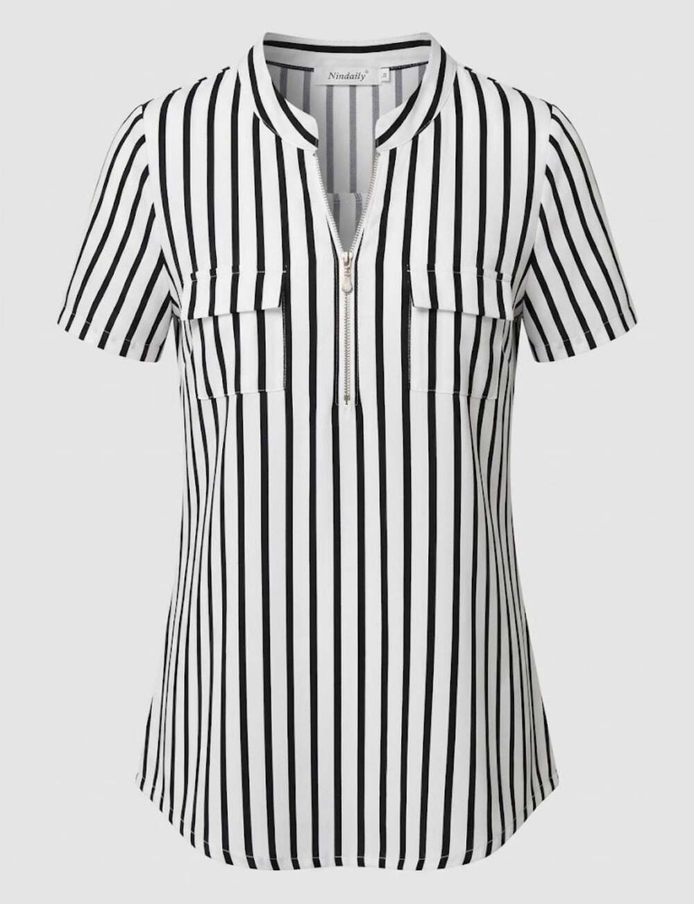 Ninedaily Womens Short Sleeve Black & White Striped Zip V-Neck Blouse Small